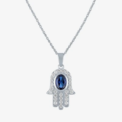 Womens Lab Created Blue Sapphire Sterling Silver Hamsa 16 Inch Pendant Necklace