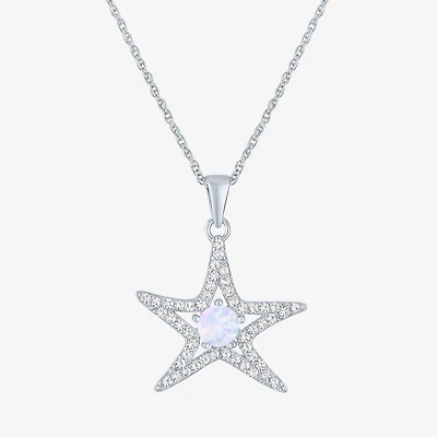 Womens Lab Created White Opal Sterling Silver Star 16 Inch Pendant Necklace