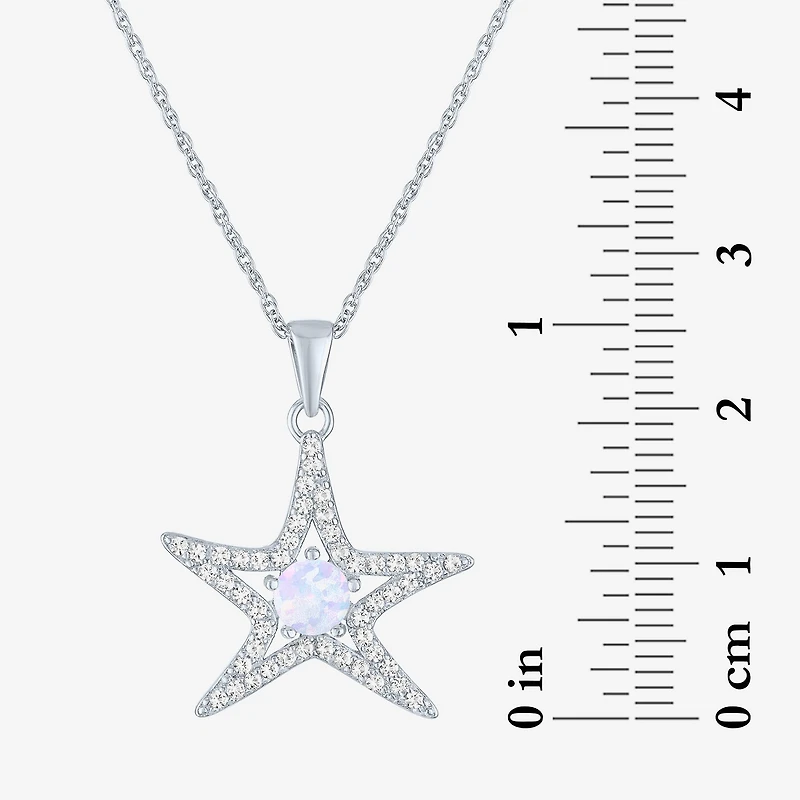 Womens Lab Created White Opal Sterling Silver Star 16 Inch Pendant Necklace