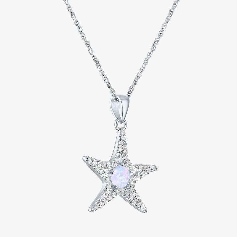 Womens Lab Created White Opal Sterling Silver Star 16 Inch Pendant Necklace