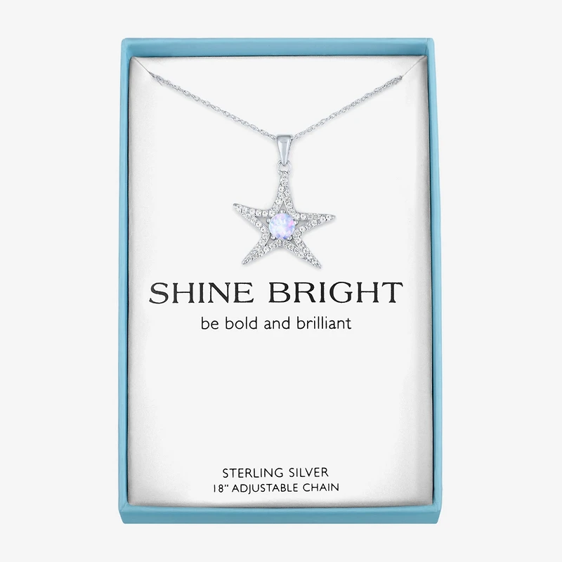 Womens Lab Created White Opal Sterling Silver Star 16 Inch Pendant Necklace
