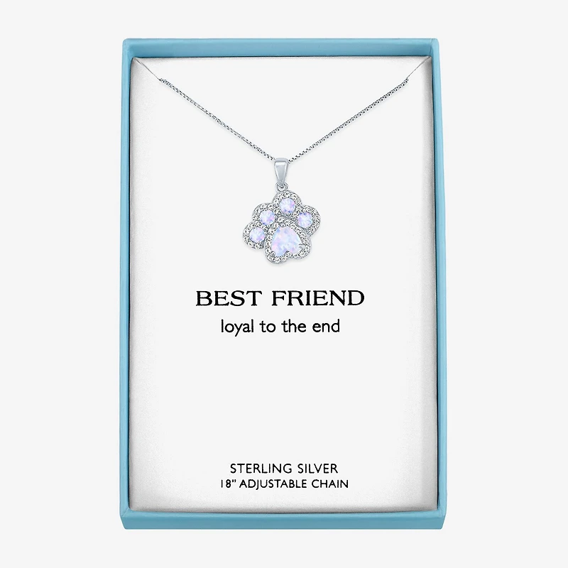 Paw Print Womens Lab Created White Opal Sterling Silver 18 Inch Pendant Necklace