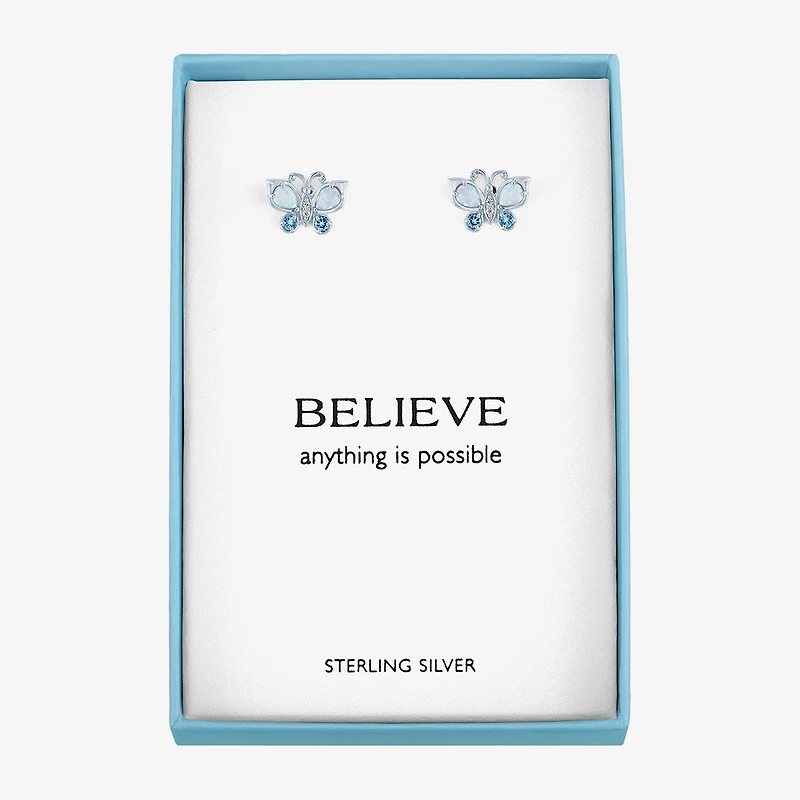 Lab Created White Opal Sterling Silver Butterfly Stud Earrings