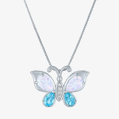 Womens Lab-Created Opal and Genuine Blue Topaz Sterling Silver Butterfly Pendant Necklace