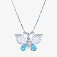 Womens Lab-Created Opal and Genuine Blue Topaz Sterling Silver Butterfly Pendant Necklace