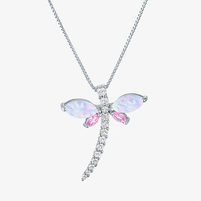 Womens Lab Created White Opal Sterling Silver Dragonfly Pendant Necklace