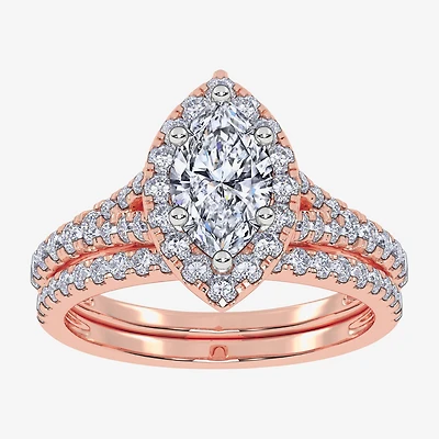 (G / Vs2-Si1) Womens 1 CT. T.W. Lab Grown White Diamond 10K Gold Marquise Side Stone Halo Bridal Set