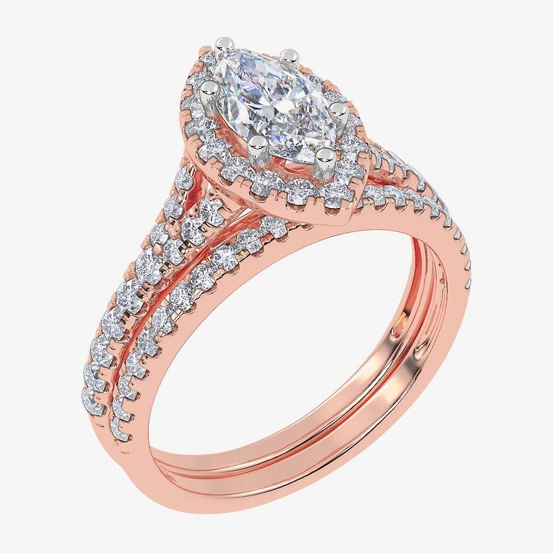 (G / Vs2-Si1) Womens 1 CT. T.W. Lab Grown White Diamond 10K Gold Marquise Side Stone Halo Bridal Set