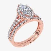 (G / Vs2-Si1) Womens 1 CT. T.W. Lab Grown White Diamond 10K Gold Marquise Side Stone Halo Bridal Set