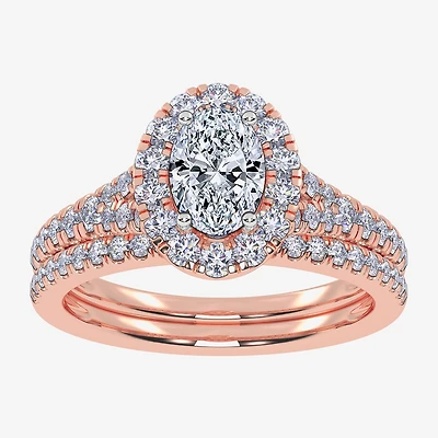 G / Vs2-Si1) Womens 1 CT. T.W. Lab Grown White Diamond 10K Gold Oval Side Stone Halo Bridal Set