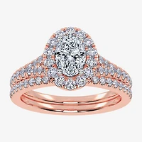 G / Vs2-Si1) Womens 1 CT. T.W. Lab Grown White Diamond 10K Gold Oval Side Stone Halo Bridal Set