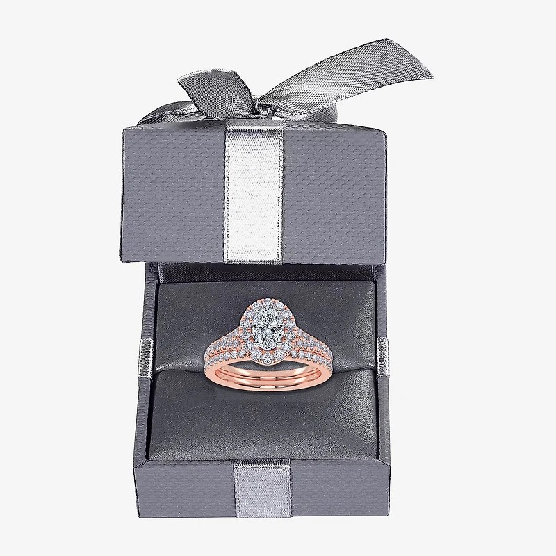 G / Vs2-Si1) Womens 1 CT. T.W. Lab Grown White Diamond 10K Gold Oval Side Stone Halo Bridal Set