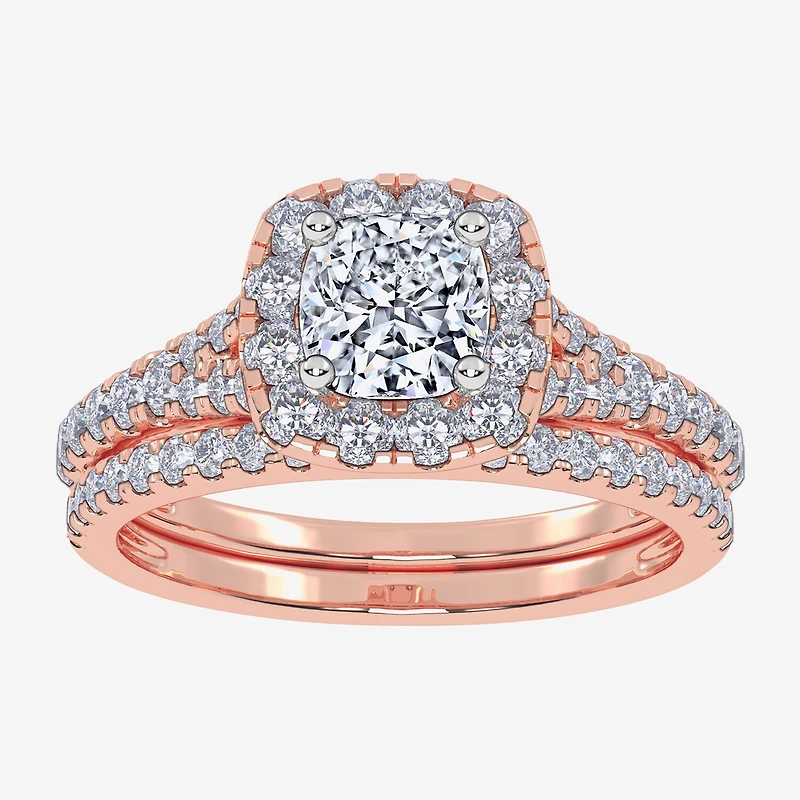 G / Vs2-Si1) Womens 1 CT. T.W. Lab Grown White Diamond 10K Gold Cushion Side Stone Halo Bridal Set