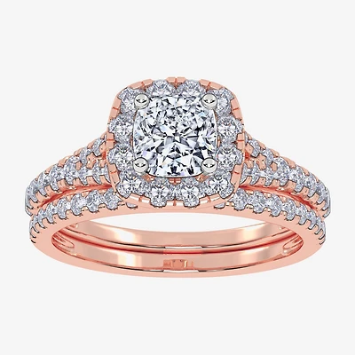 G / Vs2-Si1) Womens 1 CT. T.W. Lab Grown White Diamond 10K Gold Cushion Side Stone Halo Bridal Set