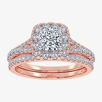 G / Vs2-Si1) Womens 1 CT. T.W. Lab Grown White Diamond 10K Gold Cushion Side Stone Halo Bridal Set