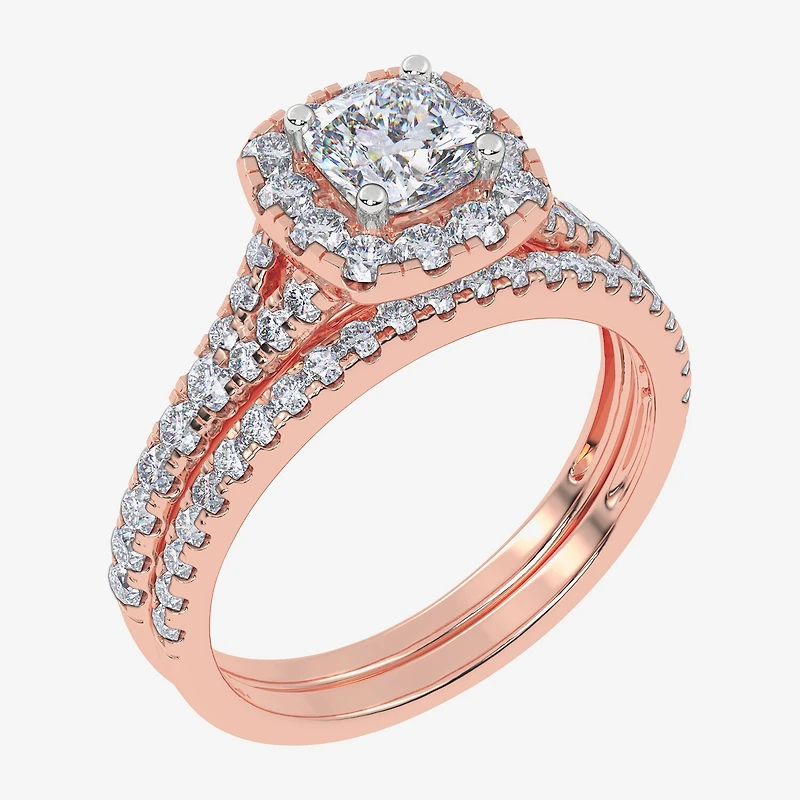 G / Vs2-Si1) Womens 1 CT. T.W. Lab Grown White Diamond 10K Gold Cushion Side Stone Halo Bridal Set