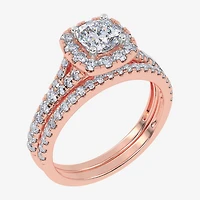 G / Vs2-Si1) Womens 1 CT. T.W. Lab Grown White Diamond 10K Gold Cushion Side Stone Halo Bridal Set