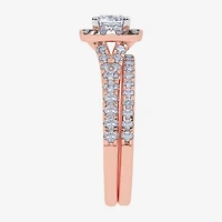 G / Vs2-Si1) Womens 1 CT. T.W. Lab Grown White Diamond 10K Gold Cushion Side Stone Halo Bridal Set