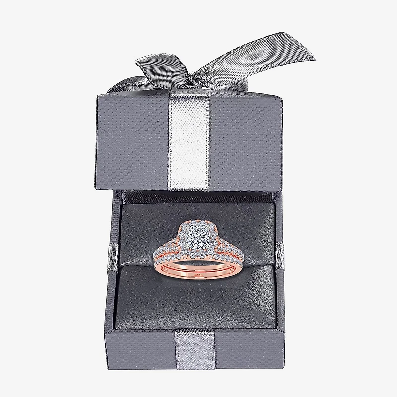 G / Vs2-Si1) Womens 1 CT. T.W. Lab Grown White Diamond 10K Gold Cushion Side Stone Halo Bridal Set