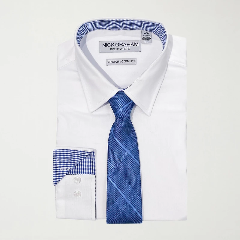 Nick Graham Mens Spread Collar Long Sleeve Stretch Fabric Shirt + Tie Set