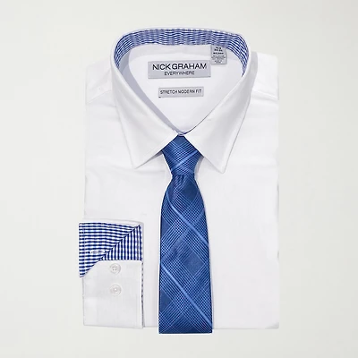 Nick Graham Mens Spread Collar Long Sleeve STRETCH FABRIC Shirt + Tie Set