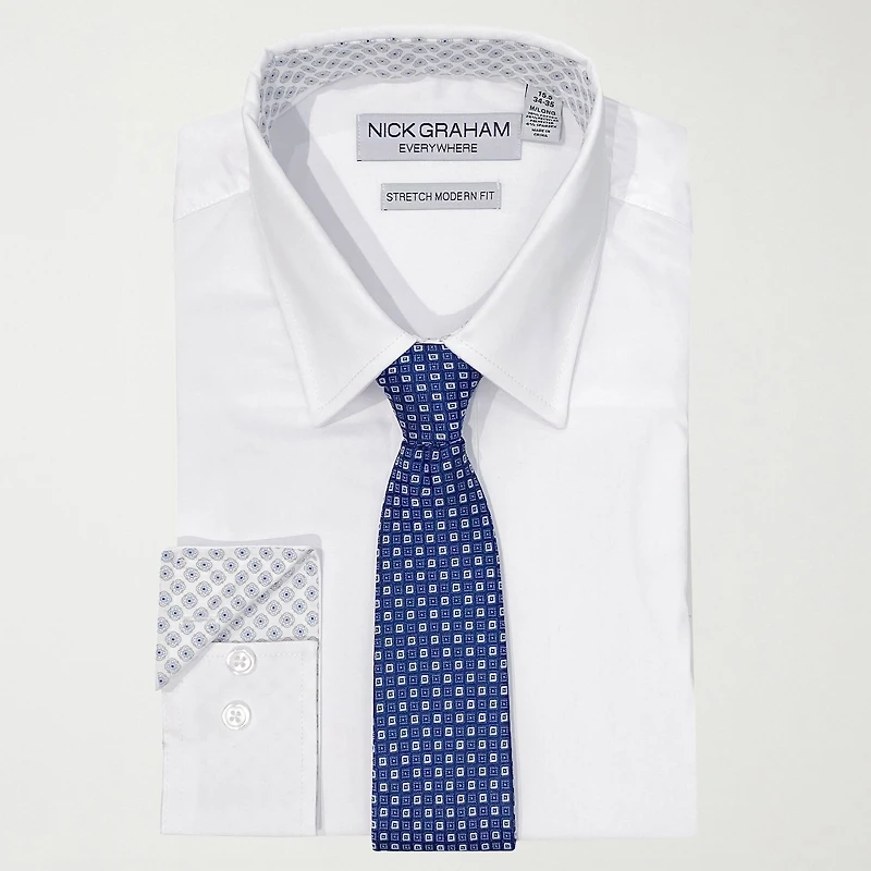 Nick Graham Mens Spread Collar Long Sleeve Shirt + Tie Set