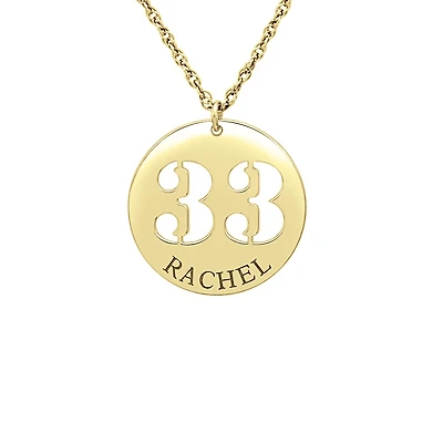 Personalized Womens 14K Gold Name and Number Round Pendant Necklace