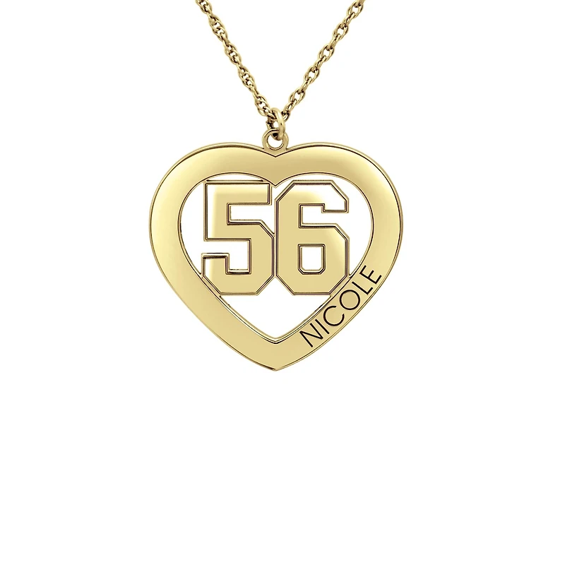 Personalized Womens 24K Gold Over Silver Name and Player Number Heart Pendant Necklace