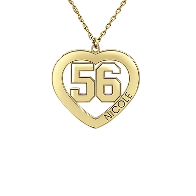 Personalized Womens 24K Gold Over Silver Name and Player Number Heart Pendant Necklace