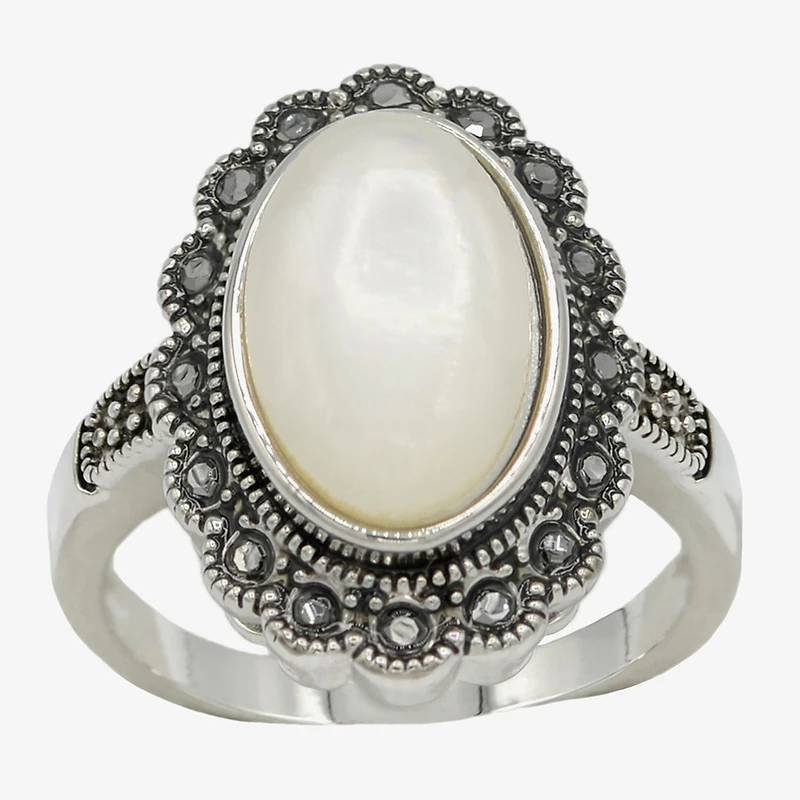 Sparkle Allure Antique Womens White Mother Of Pearl Pure Silver Over Brass Oval Cocktail Ring
