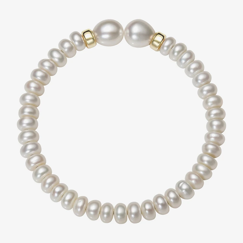 Womens White Cultured Freshwater Pearl 14K Gold Bangle Bracelet