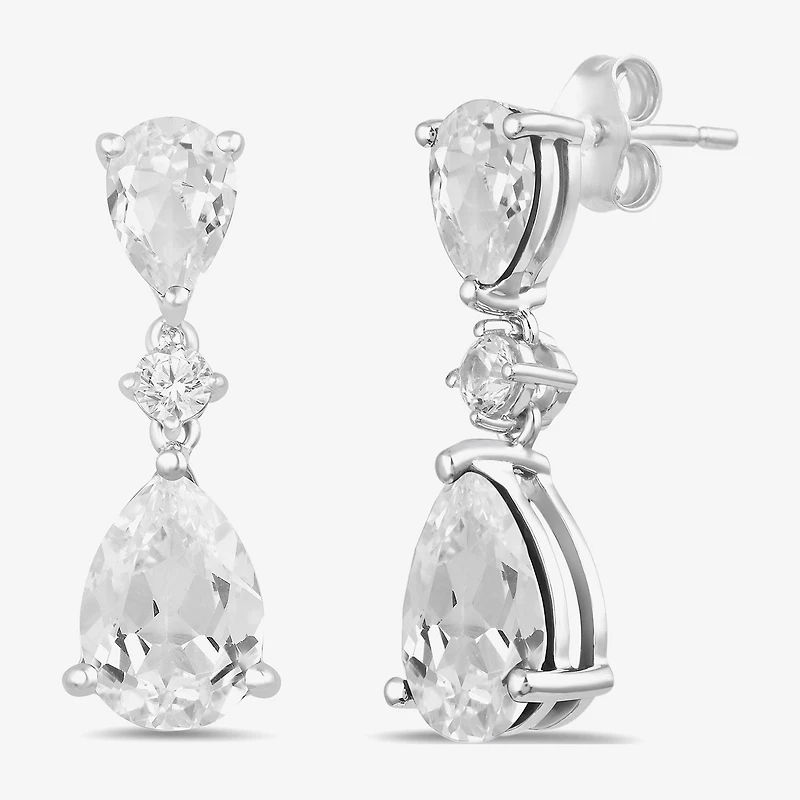 Womens Lab Created White Sapphire Sterling Silver Drop Earrings
