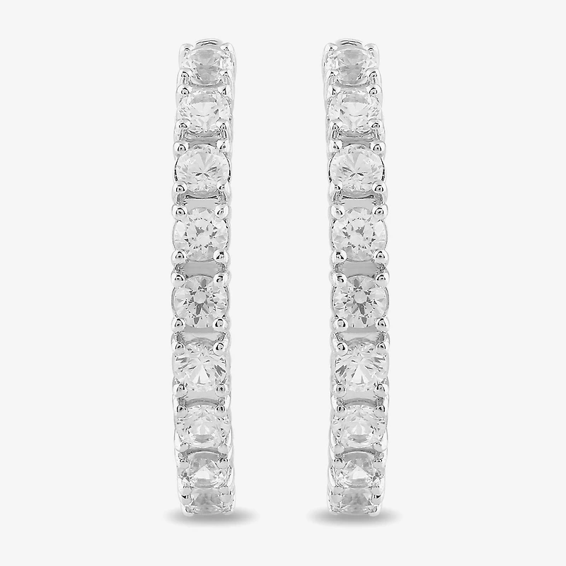 Womens Lab Created White Sapphire Sterling Silver 6.3mm Hoop Earrings