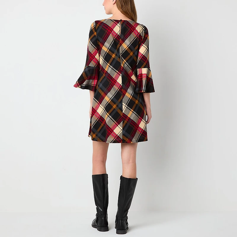 Jessica Howard Womens Boat Neck 3/4 Sleeve Plaid Shift Dress