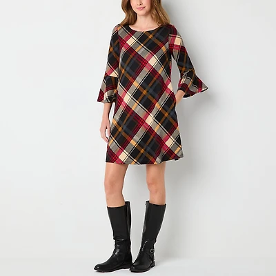 Jessica Howard Womens Boat Neck 3/4 Sleeve Plaid Shift Dress