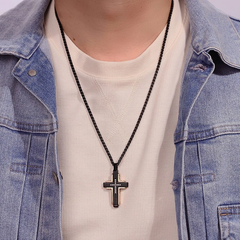Mens Cubic Zirconia Black Stainless Steel and Rose IP Textured Cross Pendant Necklace