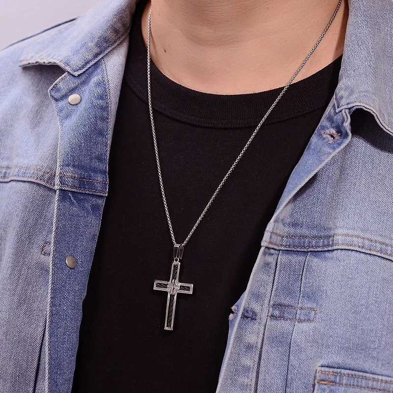 Mens Two-Tone Stainless Steel Cross Pendant Necklace