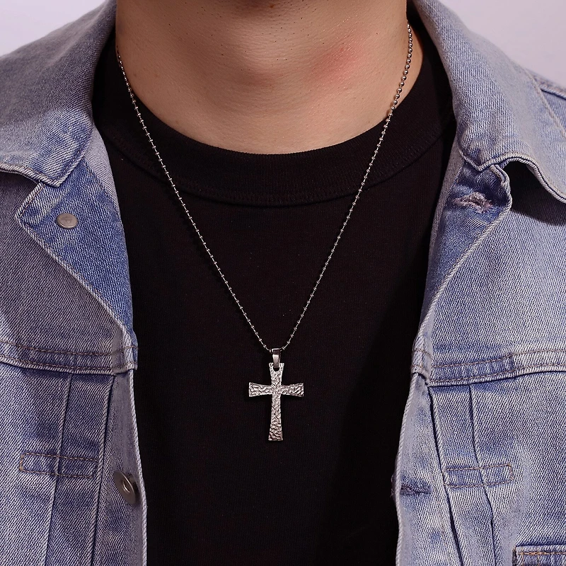 Mens Hammered Stainless Steel Cross Pendant Necklace