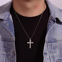 Mens Hammered Stainless Steel Cross Pendant Necklace