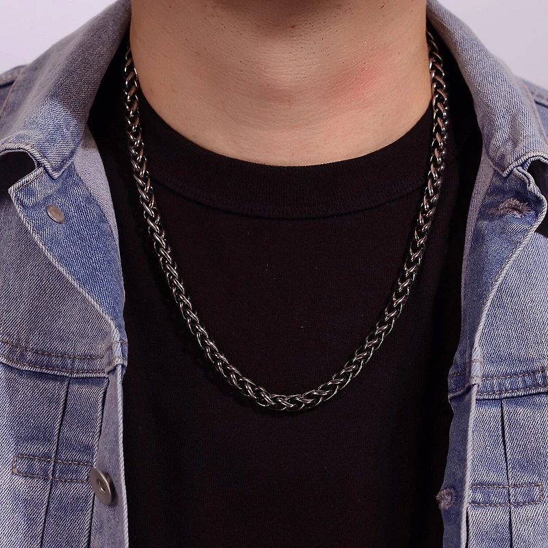Mens Stainless Steel & Black IP 24" 8mm Wheat Chain
