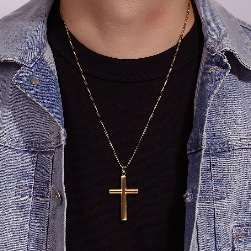 Mens Gold Ion Plated Stainless Steel Cross Pendant Necklace