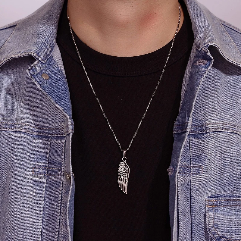 Mens Stainless Steel Wing 24 Inch Pendant Necklace
