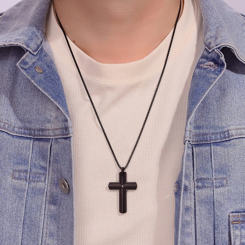 Mens Diamond Accent Diamond Stainless Steel Cross 24 Inch Pendant Necklace