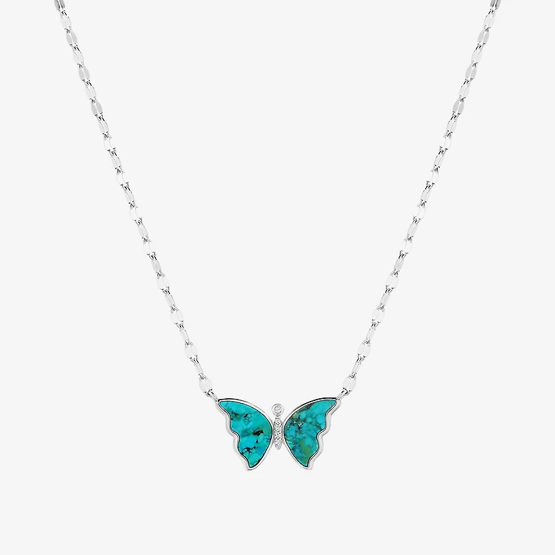 Womens Blue Turquoise Sterling Silver Butterfly 16 Inch Pendant Necklace