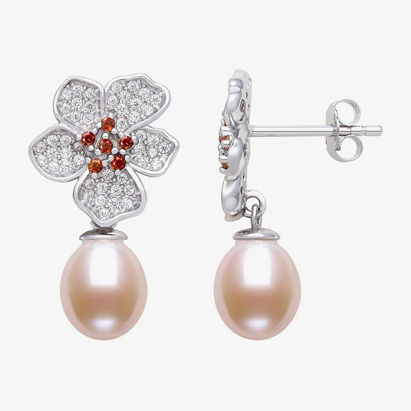 Womens Pink Cultured Freshwater Pearl Sterling Silver Drop Earrings