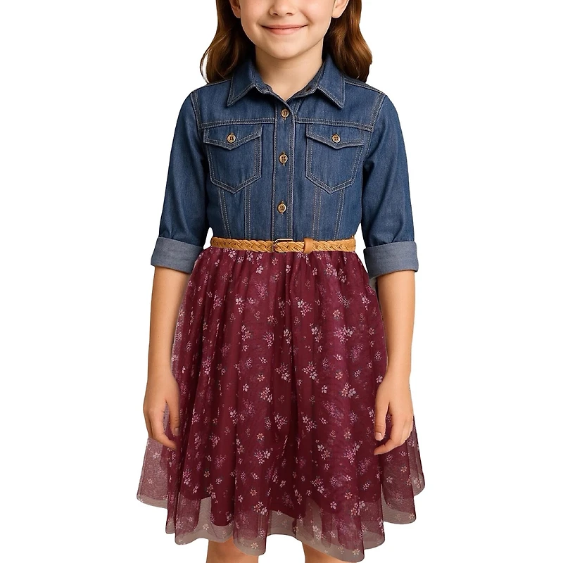 Lilt Little & Big Kid Girls Long Sleeve Midi Floral Shirt Dress