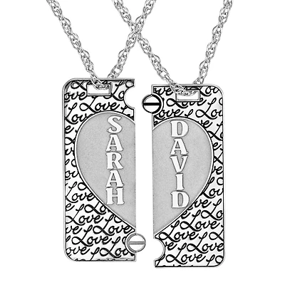 "Love" Personalized Sterling Silver 2-pc. Couples Name Broken Heart Dog Tag Pendant Necklace Set