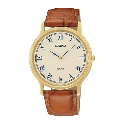 Seiko® Mens Brown Leather Strap Solar Watch SUP876