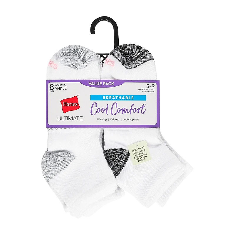 Hanes Cool Comfort Womens BREATHABLE Multi-Pack 8 Pair Quarter Ankle Socks