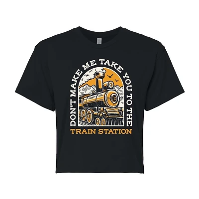 Yellowstone Train Station Cropped Tee Womens Juniors Crew Neck Short Sleeve Regular Fit Graphic T-Shirt